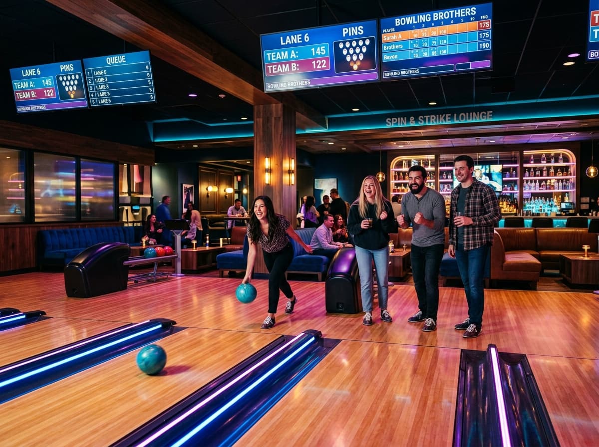 Amoeba Bowling and Gaming Center concourse with digital queue screens