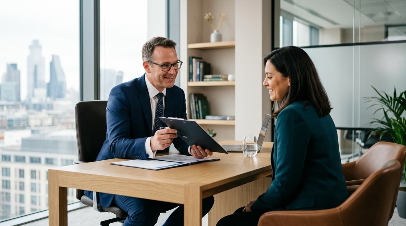 Business advisory office with consultant meeting client