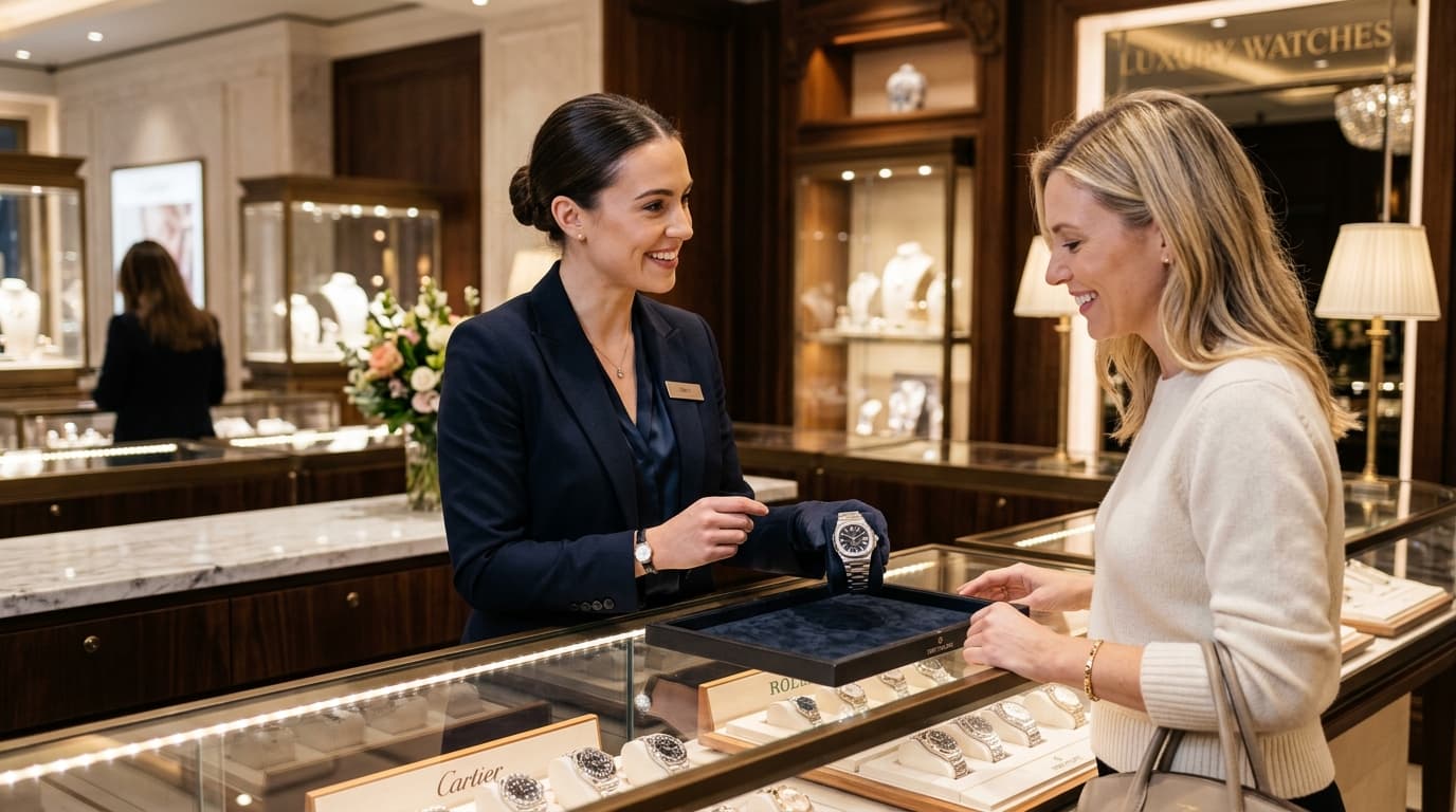 Luxury boutique watch showcase counter with specialist