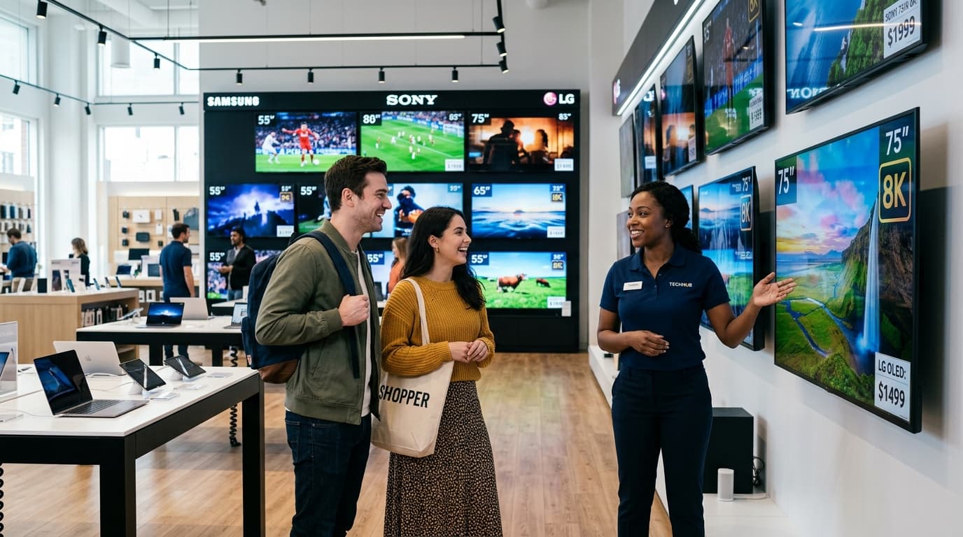 Retail showroom floor with sales rep and customer